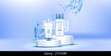 Sunscreen products SPF50 display with water splash effect. Summer skincare cosmetic tubes on white circular platforms surrounded by dynamic liquid motion and droplets on soft blue gradient backdrop. Stock Vector