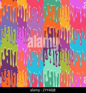 Vector seamless pattern with colorful paint drips in cartoon style. Bright childish texture with dye drops. Festive background for wrapping paper Stock Vector