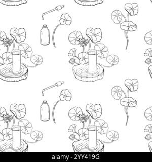 Centella asiatica essential oils on wooden stand black white vector seamless pattern isolated. Pennywort medicinal plants and serum bottle hand drawn Stock Vector