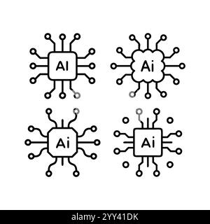 Modern AI Chip and Cloud Computing Icons. Artificial Intelligence AI Chip in Head Brain. digital skills, generative AI, AI technology, algorithm. Stock Vector