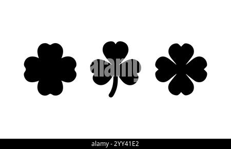 Three Simple Black Clover Icons on White Background. Leaf clover silhouette. Web site page and mobile app design vector element. Stock Vector
