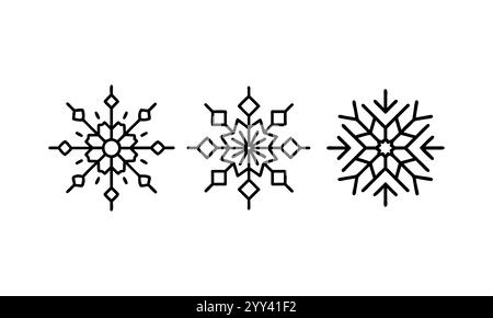 Three stylized snowflakes in a simple, minimalist design. Snowflake simple black line icons. Snowflake set. Snowflake icons. Vector snow. Stock Vector