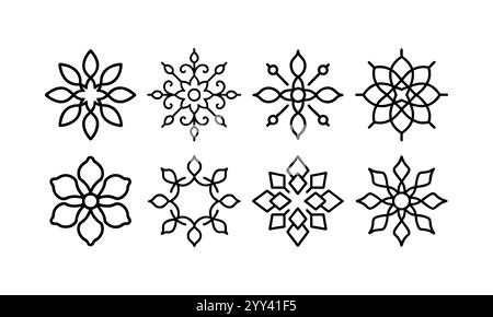 Set of eight Intricate Black Line Art Floral Designs, floral line art mandala design, indian traditional and cultural mandala design bundle. Stock Vector