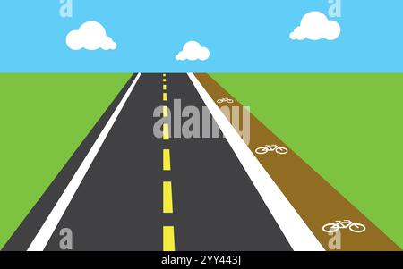 Straight empty road through the countryside with bike lane. Summer landscape vector illustration. Stock Vector