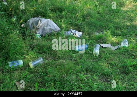 plastic bottles on the grass, garbage, pollution Stock Photo