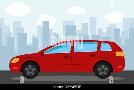 Red car in the background of skyscrapers in the afternoon.  Vector illustration. Stock Vector