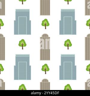 Seamless city background with modern houses and green trees. Vector illustration Stock Vector
