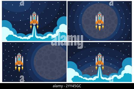 Set of four vector illustration with flying rocket. Space travel. Stock Vector