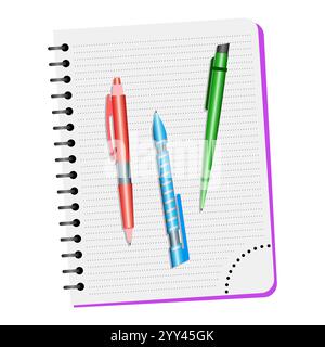 Notebook  and three pens on a white background Stock Vector