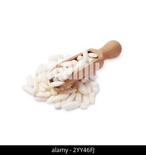 Puffed rice in wooden scoop isolated on white Stock Photo