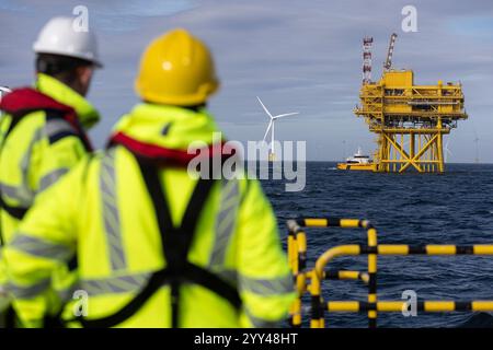 Seagreen, Scotland's largest offshore wind farm, in the North Sea, Scotland, on 3 September 2024.  “Seagreen has the deepest fixed bottom foundations of any wind farm in the world and was one of the largest construction projects ever undertaken in Scotland.  It is located around 27km off the coast of Angus in the North Sea and is a £3bn joint venture between SSE Renewables (49%), TotalEnergies (25.5%) and PTTEP (25.5%).” Stock Photo