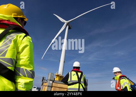 Seagreen, Scotland's largest offshore wind farm, in the North Sea, Scotland, on 3 September 2024.  “Seagreen has the deepest fixed bottom foundations of any wind farm in the world and was one of the largest construction projects ever undertaken in Scotland.  It is located around 27km off the coast of Angus in the North Sea and is a £3bn joint venture between SSE Renewables (49%), TotalEnergies (25.5%) and PTTEP (25.5%).” Stock Photo