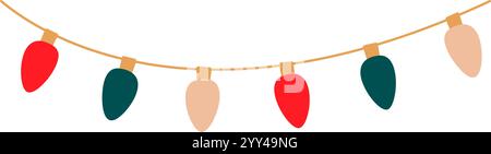 Christmas lights garland with colored ellipse bulbs. Xmas festive string decoration with hanging retro ball. Glowing string with lamps for holiday car Stock Vector