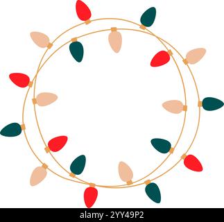 Christmas lights garland round tangled with colored bulbs. Glowing Xmas festive string decoration with hanging retro lamps lightbulb for holiday cards Stock Vector