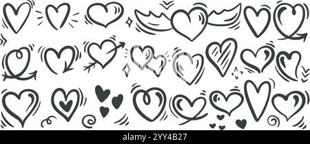 Many different hearts ink doodle set. Hand drawn heart shape icons collection. Graffiti style, romantic love symbol. Vector graphics Stock Vector