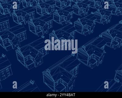 Background with wireframe houses. City, town, village landscape. Isometric view. Isometric view. Vector illustration Stock Vector