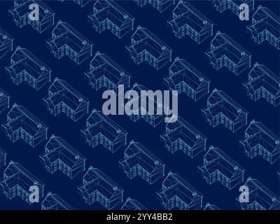 Background with wireframe houses. City, town, village landscape. Isometric view. Isometric view. Vector illustration Stock Vector