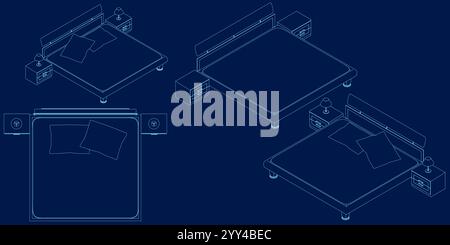 Set with Large double bed with blanket and pillows contour isolated on blue background. Furniture item for home and hotel. Vector illustration Stock Vector