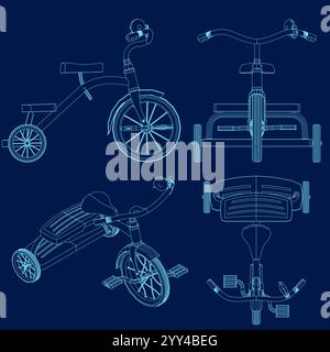 Children tricycle outline. Contour isolated on blue background. Vector illustration Stock Vector