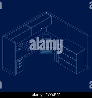 Outline of Contemporary workspace flat vector illustrations set. Contour Office desk or table with office chair and computer. Business interior design Stock Vector