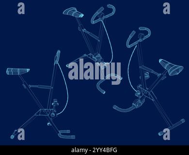 Set contour Exercise Bike on blue Background. Side, isometric view. Vector illustration Stock Vector