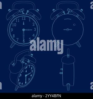 Alarm Clock contour set. Wake Up Time Vector Design on blue Background. Vector illustration Stock Vector