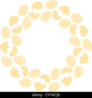 Whole Eggs and Cracked eggshell Circle Frame in trendy monochrome gold shade. Copy space Template. Isolated Vector illustration Thematic card, leaflet, booklet, price tag, label or web promo banner Stock Vector