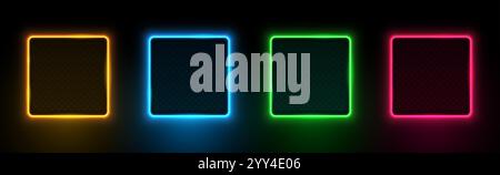 Collection of neon glowing square frames. Glowing frame. Orange, blue, green and red LED fluorescent lasers isolated on black background. Vector illus Stock Vector