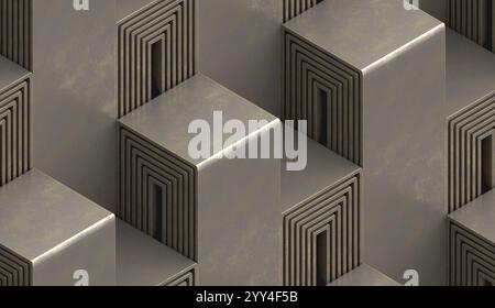 This 3D illustration features a geometric pattern with box stairs, offering a modern and sophisticated design Ideal for unique wallpaper or background Stock Photo