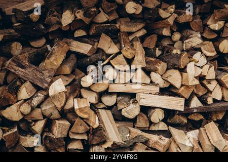 A stack of chopped firewood featuring various textures and hues. Perfect for rustic themes, outdoor lifestyle concepts, and wood-related projects. Stock Photo