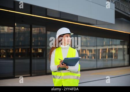 Latin woman with curly hair in a city, wearing a safety vest and helmet, holding a clipboard She appears to be an architect or engineer working on a c Stock Photo