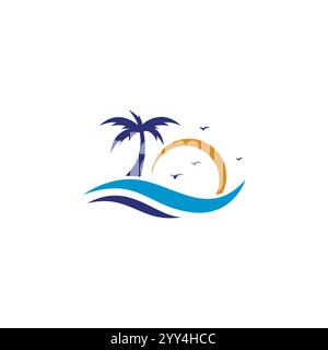 Beach With Sun Logo Design. Ocean Icon Stock Vector