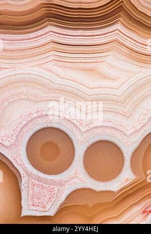 Captivating macrophotograph showcasing the intricate banding and vibrant colors of a cut and polished Laguna agate, a stunning mineral specimen from M Stock Photo