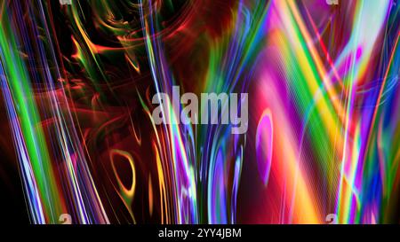 Vibrant 3D neon light refractions swirl in an abstract digital art display, creating an immersive illusion of depth and motion on a dark background. Stock Photo