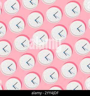 Repeating pattern of white clocks with black hands on a pastel pink background. The minimalist design creates a modern and playful aesthetic ideal for Stock Photo