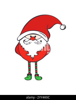 Cheerful comic Santa Claus, gnome, funny old man, element of Christmas holiday design. Childrens flat outline drawing.Isolated on white background. Ve Stock Vector