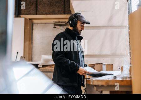 Focused male employee wearing wireless headphones and cap while reading document near table at warehouse Stock Photo