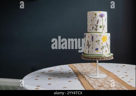 wedding cake on table with room blurred in background Stock Photo