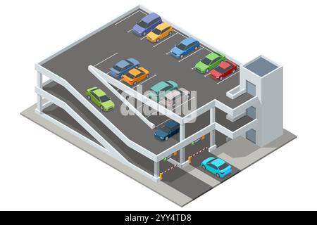 Isometric multi-level parking garage filled with various colored cars. The detailed building has ramps, parking spots, and surrounding greenery Stock Vector