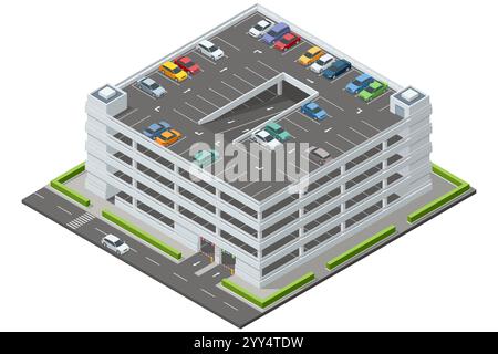 Isometric multi-level parking garage filled with various colored cars. The detailed building has ramps, parking spots, and surrounding greenery Stock Vector