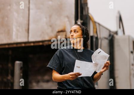 Female worker talking through headset while holding document in warehouse Stock Photo
