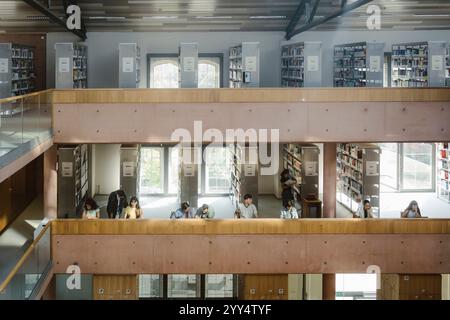 Multiracial male and female college students studying in university library Stock Photo