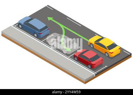 Isometric illustration of a parallel parking maneuver. A transparent car outline and green arrow indicate the parking trajectory between a red car and Stock Vector