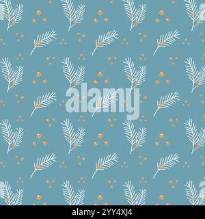 Blue winter pattern with fir spruce branches and berries. Vector illustration Stock Vector