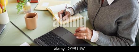 Website header shot of self employed mature woman writing in notebook while using laptop at desk while working at home office Stock Photo