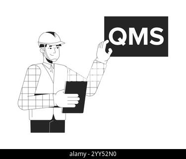 Hardhat worker explaining quality management system black and white 2D line character Stock Vector