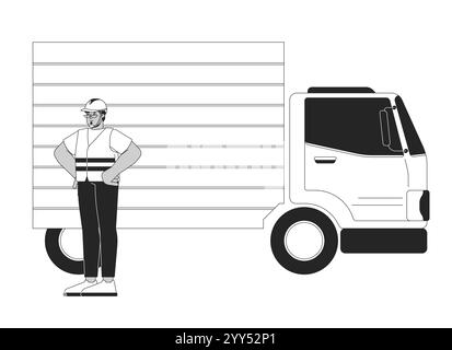 Logistic worker with delivery truck black and white 2D line character Stock Vector