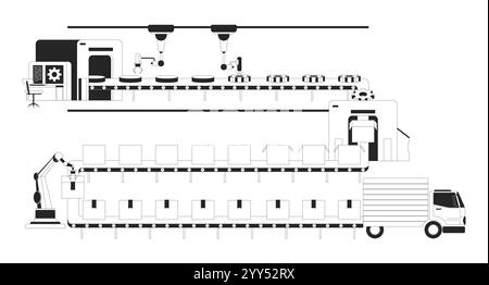 Gears production warehouse conveyor belt black and white 2D illustration concept Stock Vector