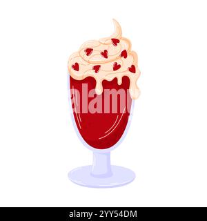Drink with dessert in a glass with creamy topping and red heart in cartoon style. Perfect for Valentine Day, celebration, romance and festive food Stock Vector