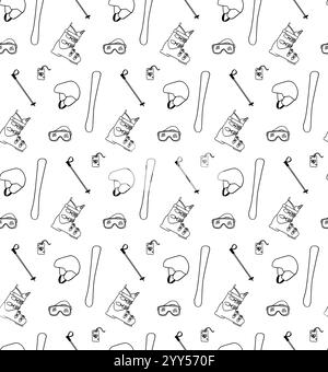 Set winter holiday, sport, ski equipment. Seamless pattern, helmet, skis, ski boots and other equipment. Vector graphic line illustration Stock Vector